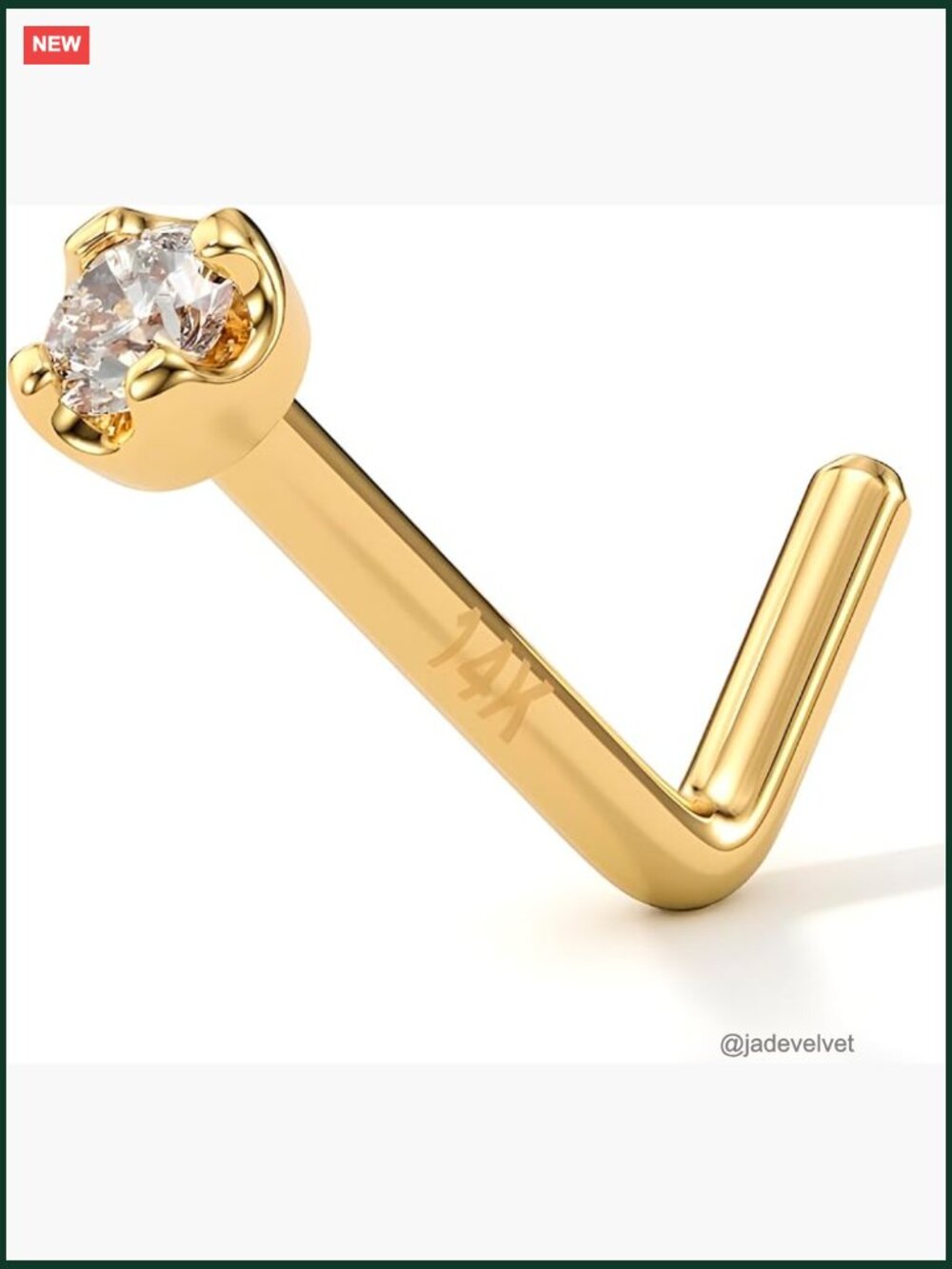 14K Solid Gold Nose Ring Stud with Genuine Diamond L Shaped 20G 1/4
